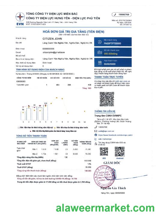 Vietnam EVN NPC TONG CONG TY IEN LUC MIEN BAC - CONG TY IEN LUC HUNG YEN - IEN LUC PHU TIEN electricity utility bill
